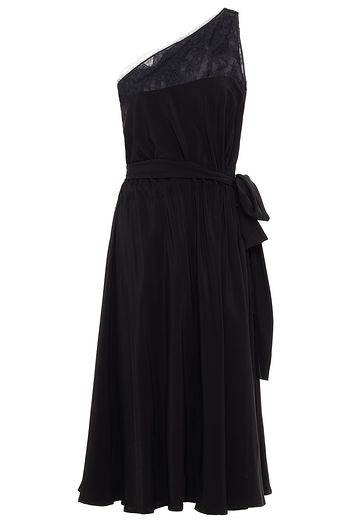 PRADA One-shoulder lace-paneled silk crepe de chine midi dress
