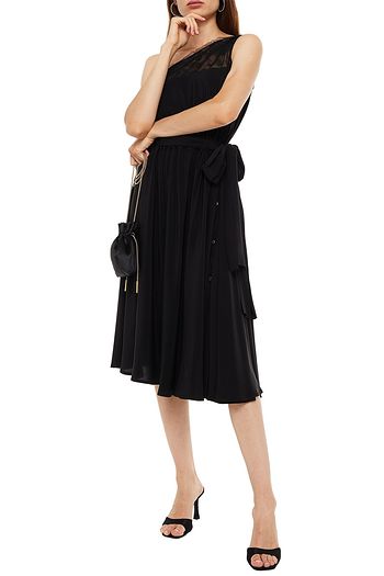 PRADA One-shoulder lace-paneled silk crepe de chine midi dress