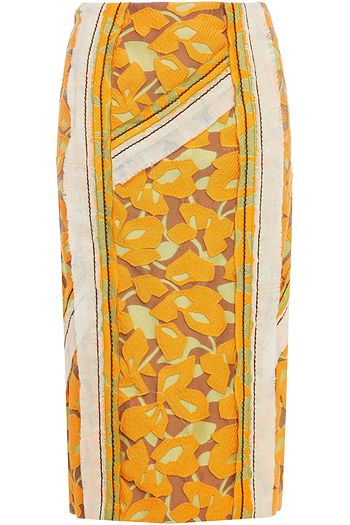 PRADA Appliquéd paneled printed crepe skirt