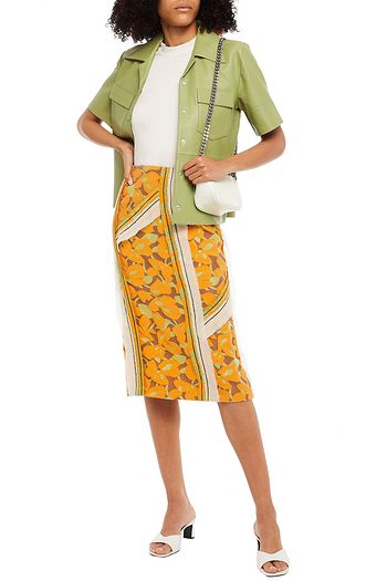 PRADA Appliquéd paneled printed crepe skirt