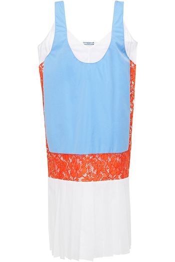 PRADA Color-block cotton-poplin, voile and corded lace midi dress