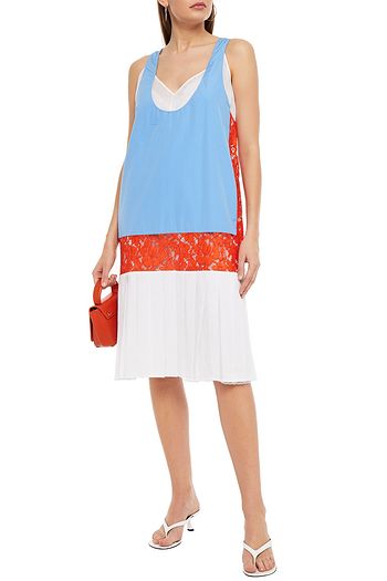 PRADA Color-block cotton-poplin, voile and corded lace midi dress