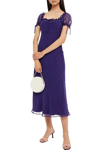 MIU MIU Gathered silk-blend Swiss dot midi dress