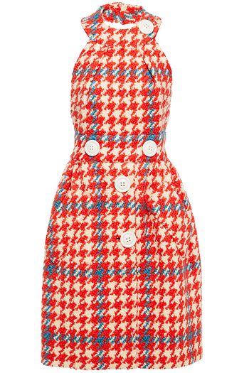 MIU MIU Button-embellished houndstooth wool and cotton-blend tweed halterneck dress