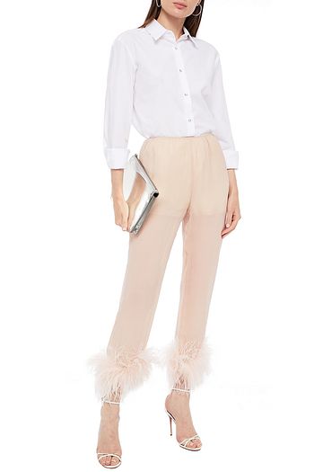 PRADA Karottenhose aus Seidenchiffon mit Federn