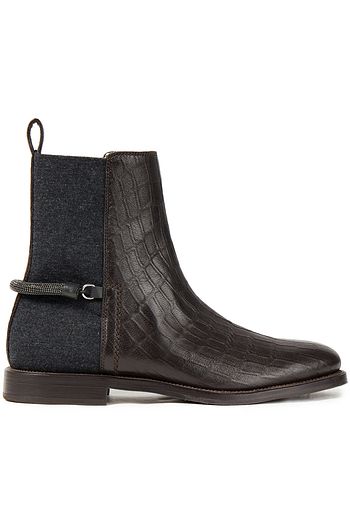 BRUNELLO CUCINELLI Chelsea-Boots aus Stretch-Strick und Leder mit Krokodileffekt und Zierperlen