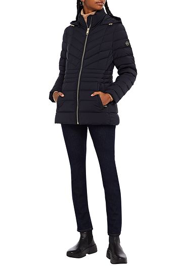 MICHAEL MICHAEL KORS フェイクレザートリム キルティングシェル加工生地 フード付きダウンジャケット
