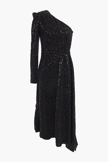 REBECCA VALLANCE Asymmetric one-shoulder sequined tulle midi dress