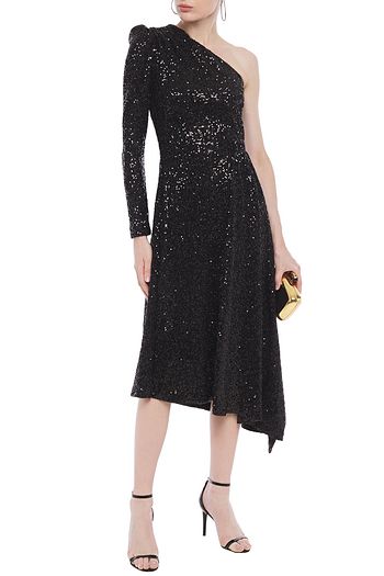 REBECCA VALLANCE Asymmetric one-shoulder sequined tulle midi dress