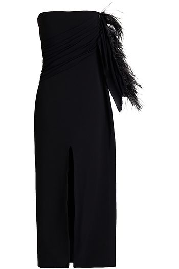 DAVID KOMA One-shoulder feather-trimmed draped cady midi dress