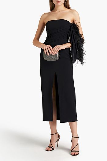 DAVID KOMA One-shoulder feather-trimmed draped cady midi dress