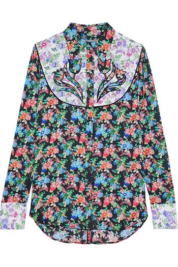 PACO RABANNE Paneled appliquéd floral-print crepe de chine shirt