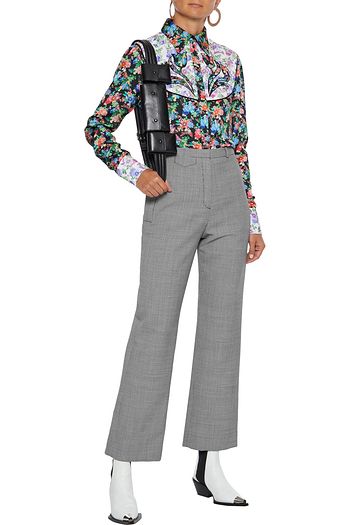 PACO RABANNE Paneled appliquéd floral-print crepe de chine shirt
