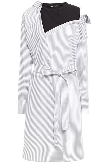 MAJE Cutout striped cotton-poplin and jersey shirt dress