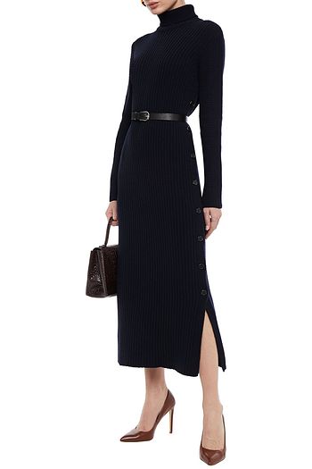MARNI Button-detailed ribbed wool turtleneck midi dress
