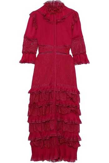 ALICE + OLIVIA Carmina tiered pintucked chiffon and corded lace maxi dress