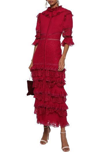 ALICE + OLIVIA Carmina tiered pintucked chiffon and corded lace maxi dress