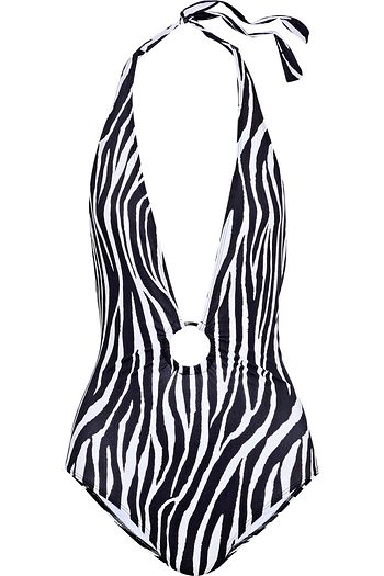 DIANE VON FURSTENBERG Ring-embellished zebra-print halterneck swimsuit