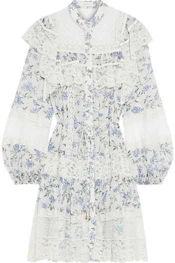 ZIMMERMANN Moncur flocked tulle-paneled ruffled floral-print crepe mini dress