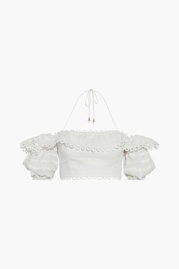 ZIMMERMANN Allia schulterfreies Cropped Neckholder-Oberteil aus Leinen mit Rüschen