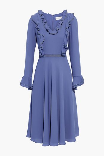 MIKAEL AGHAL Grosgrain-trimmed ruffled crepe de chine dress