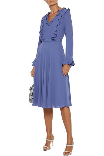 MIKAEL AGHAL Grosgrain-trimmed ruffled crepe de chine dress