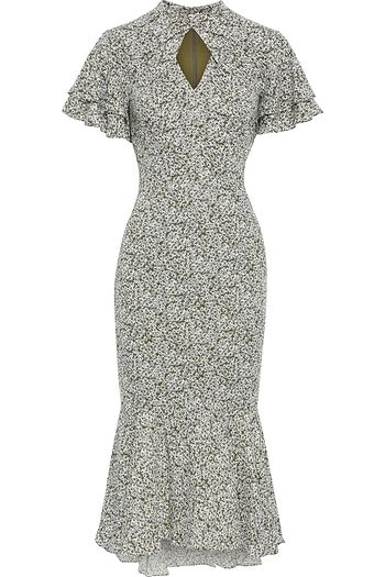 MIKAEL AGHAL Fluted cutout floral-print crepe de chine midi dress