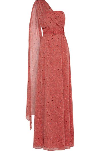 MIKAEL AGHAL One-shoulder belted printed georgette gown