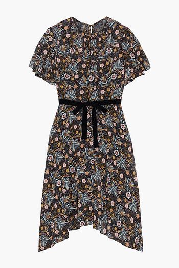 MIKAEL AGHAL Asymmetric velvet-trimmed floral-print crepe de chine dress