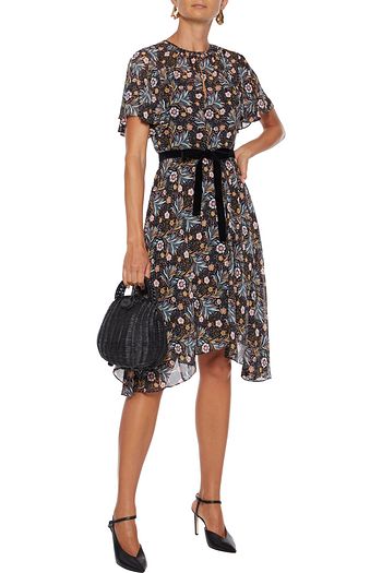 MIKAEL AGHAL Asymmetric velvet-trimmed floral-print crepe de chine dress