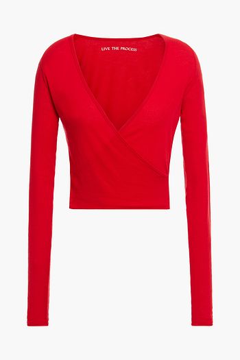 LIVE THE PROCESS Cropped wrap-effect cotton and cashmere-blend jersey top