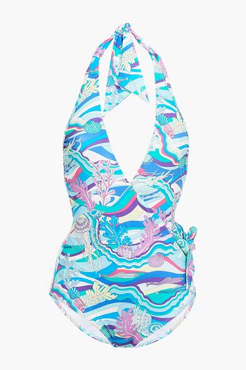 MAISON LEJABY Aquatique wrap-effect printed halterneck swimsuit