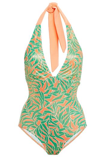 MAISON LEJABY Gathered metallic printed halterneck swimsuit