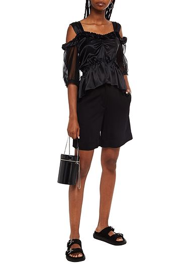 SIMONE ROCHA Cold-shoulder ruffled tulle and silk-satin top