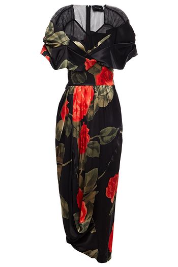 SIMONE ROCHA Tulle-paneled draped floral-print silk-satin midi dress
