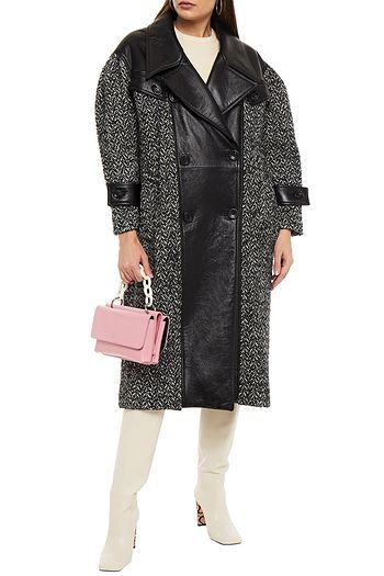 MIU MIU Double-breasted leather-paneled wool-blend bouclƩ-tweed coat