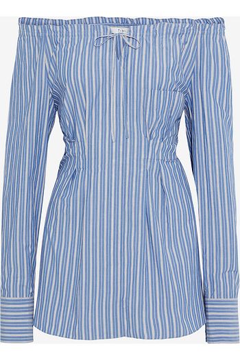 TIBI Garcon off-the-shoulder striped cotton-poplin peplum top