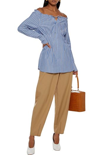 TIBI Garcon off-the-shoulder striped cotton-poplin peplum top