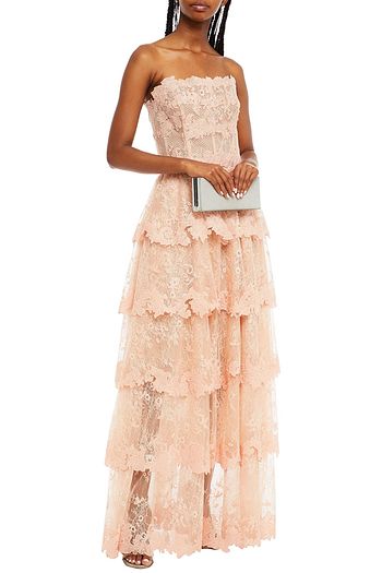 OSCAR DE LA RENTA Strapless tiered embroidered tulle gown
