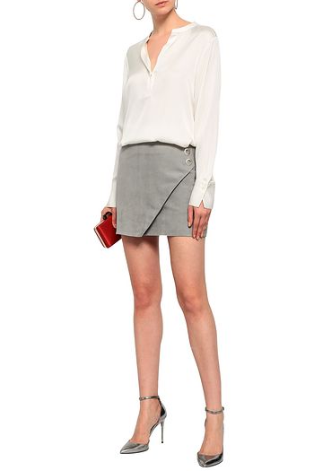 MICHELLE MASON Wrap-effect eyelet-embellished suede mini skirt