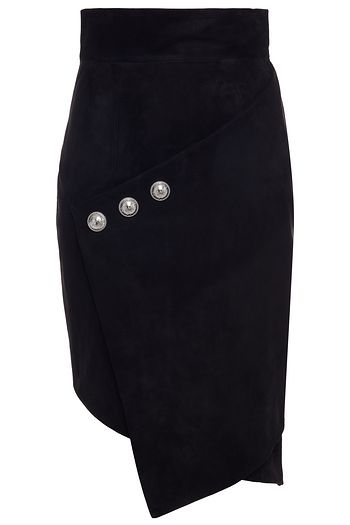 BALMAIN Button-embellished wrap-effect suede mini skirt