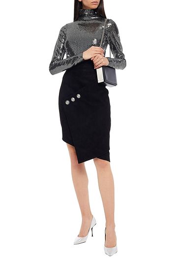 BALMAIN Button-embellished wrap-effect suede mini skirt