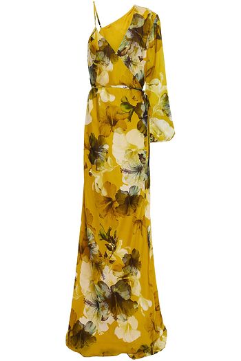 MICHELLE MASON One-sleeve floral-print silk-chiffon wrap gown