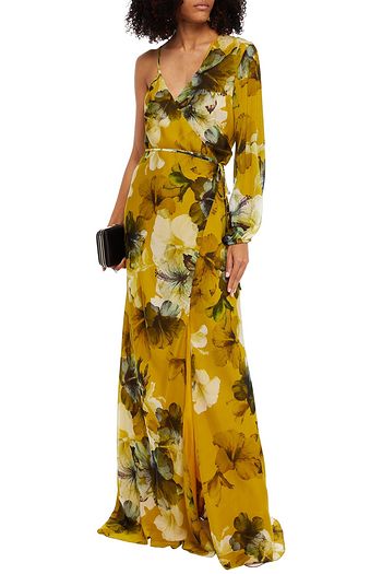 MICHELLE MASON One-sleeve floral-print silk-chiffon wrap gown