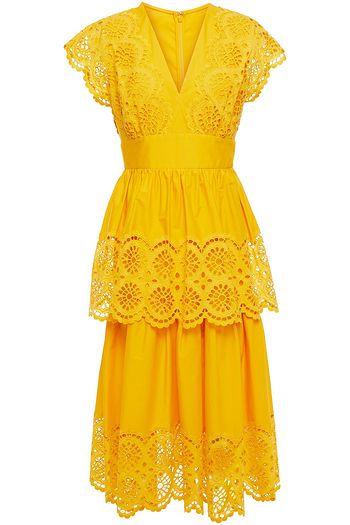 LELA ROSE Tiered broderie anglaise cotton-blend midi dress