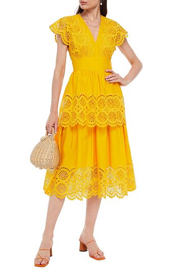 LELA ROSE Tiered broderie anglaise cotton-blend midi dress