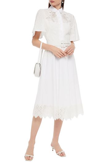LELA ROSE Belted broderie anglaise-paneled cotton-blend poplin midi shirt dress