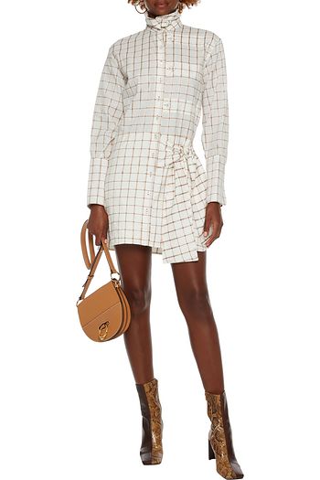 CHLOÉ Tie-front checked cotton-blend mini shirt dress