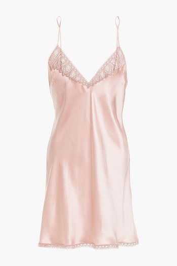 SIMONE PÉRÈLE Pensée lace-up crocheted lace-trimmed silk-blend satin chemise