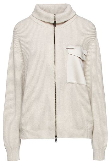 BRUNELLO CUCINELLI Satin-trimmed embellished ribbed cashmere cardigan